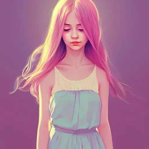 Prompt: young girl in summer dress art, pastel light pink long hair, muted colors, matte print, pastel colors, ornate, digital art, digital painting, fan art, elegant, artstation, head is centered, by Ilya Kuvshinov