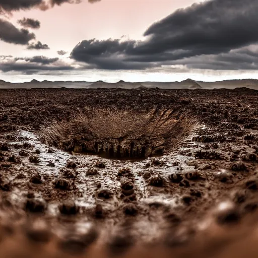 Image similar to a thousand eyeballs peaking through a sea of mud, epic landscapes, hell, bright light, 4 k, 8 k