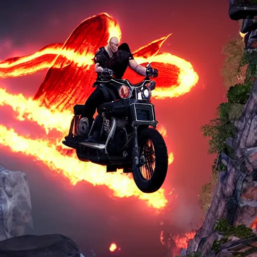 Prompt: kratosjumping a black harley - davidson motorcycle off a cliff, cinematic render, playstation studios official media, god of war 2 0 1 8, flames, centered