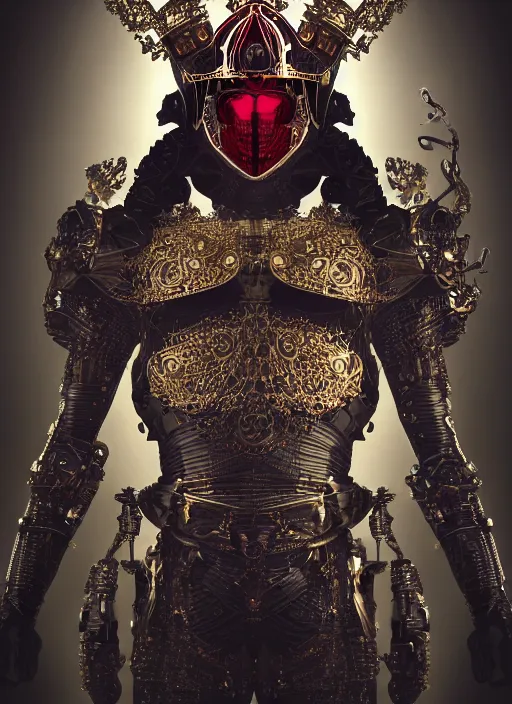 Image similar to portrait of king arthur knight cyborg with a golden crown with red gemstones, studio portrait against a black background, modern fine art, fractal, intricate, elegant, highly detailed, digital photography, subsurface scattering, in the style of ghost, by jheronimus bosch and yue minjun and giger and greg rutkowski,