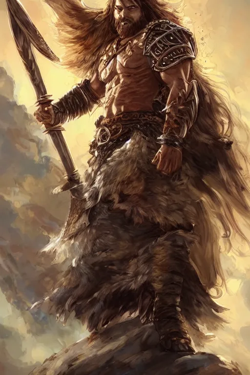 Prompt: A realistic anime portrait of a wild long haired male barbarian wearing an intricate armor, amber eyes, spear, viking fur cape, digital painting, by Stanley Artgerm Lau, Sakimichan, WLOP and Rossdraws, digtial painting, trending on ArtStation, SFW version