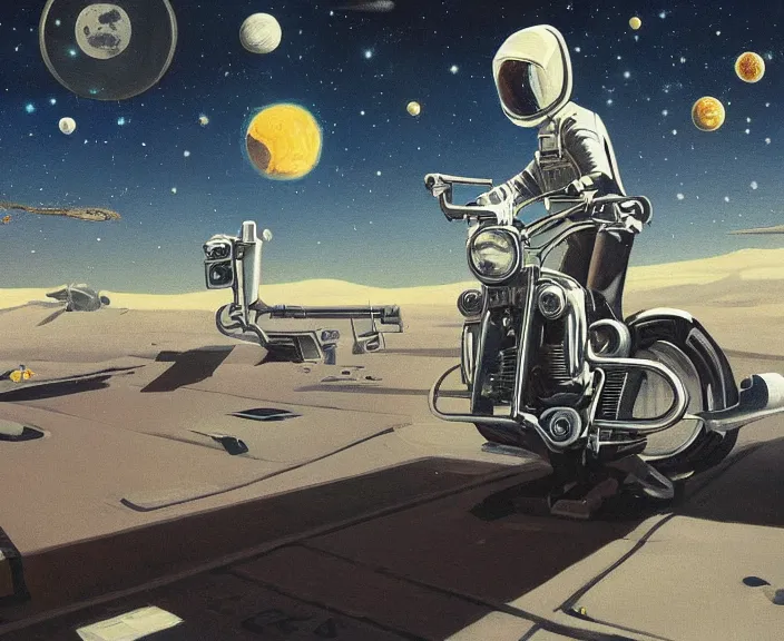 Image similar to a very detailed painting of a astronaut wearing a suit, riding a motorbike down a street on the moon, galaxy sky, there are planets in the sky, cinematic lighting, futuristic city, harley davidson motorbike, worm's - eye view, very fine brush strokes, very aesthetic, very futuristic, in the style of edward hopper and grant wood and syd mead, 4 k,