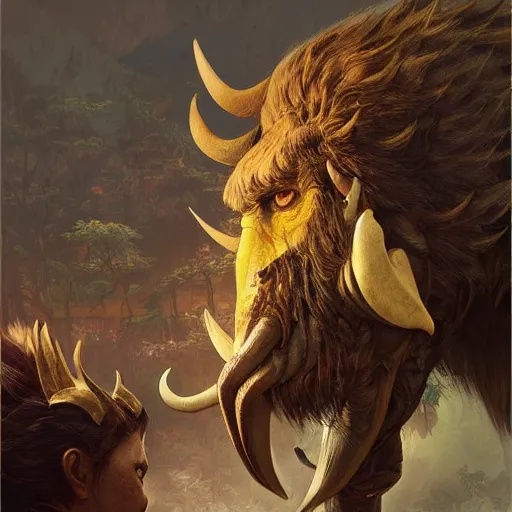 Image similar to Rajang stealing a child, intricate, elegant, sharp focus, illustration, highly detailed, digital painting, concept art, matte, art by WLOP and Artgerm and Greg Rutkowski and Alphonse Mucha, masterpiece