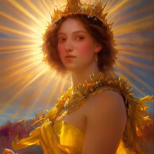 Prompt: a beautiful portrait of a sun goddess with a golden crown, sunlight beams, god rays, volumetric lighting, by daniel gerhartz, detailed, 8 k