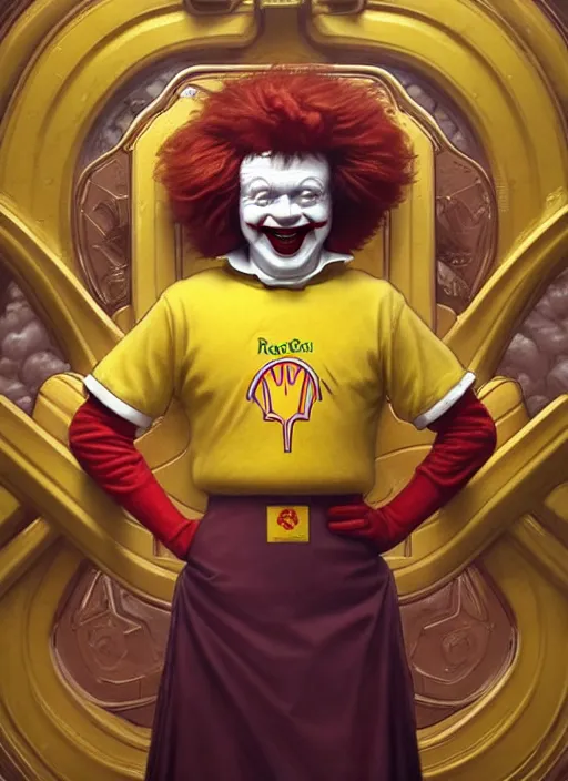 Image similar to close up portrait of ronald mcdonald, yellow jumper with white collar, chicken mcnuggets throne room by artgerm, cushart krenz, greg rutkowski, mucha. art nouveau. gloomhaven, golden arches logo, pale colors, sharp edges. ultra clear detailed. 8 k. elegant, intricate, octane render