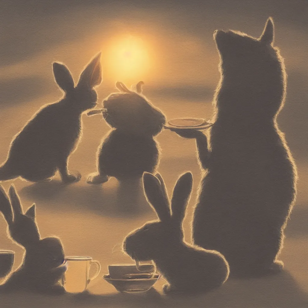 Prompt: a cat and a rabbit sit and drink coffee in the sunset