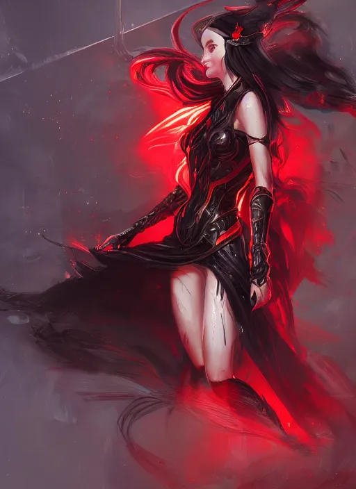 Image similar to a highly detailed illustration of elegant long black haired woman wearing red and black battle dress, heroically posing, with rainbow magic surrounding her, intricate, elegant, highly detailed, centered, digital painting, artstation, concept art, smooth, sharp focus, league of legends concept art, WLOP