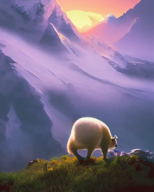 Image similar to white capybara at the peak of himalayas, surreal photography, sunrise dramatic light, impressionist painting, colorful clouds, digital painting, artstation, kilian eng, john harris, bastien lecouffe - deharme, simon stalenhag, flower face