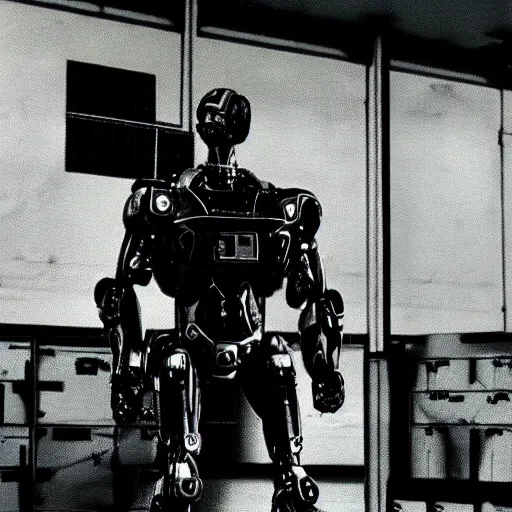 Image similar to metal gear robot in a wearhouse, dramatic shot, 1 9 8 7, movie still