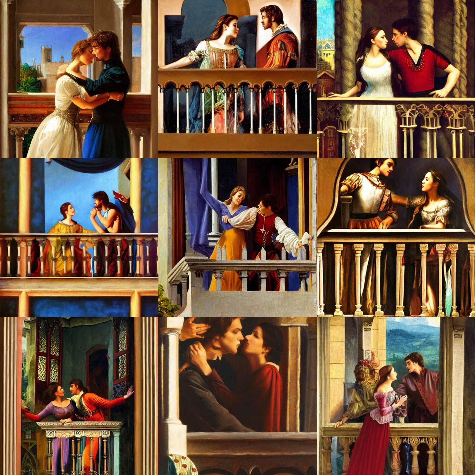 Prompt: The balcony scene from Romeo and Juliet, romantic, oil canvas by Frank Dicksee