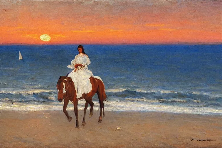 Prompt: Western oil painting of a woman in a white dress riding a horse along the beach, sunset, albert aublet, Charles-Theodore Frere