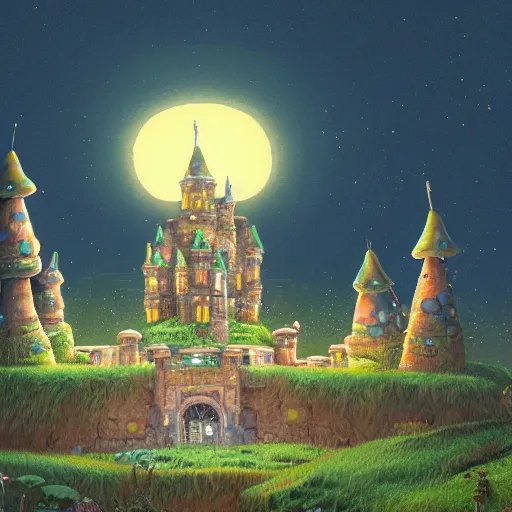 Image similar to highly detailed illustration of a mushroom castle at night, studio ghibli, ultra realistic, 4 k resolution, artstation