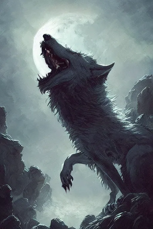 Image similar to lovecraftian wolf howling at the full moon, full moon, moon, digital art, magic the gathering, mtg, by greg rutkowski, trending on artstation