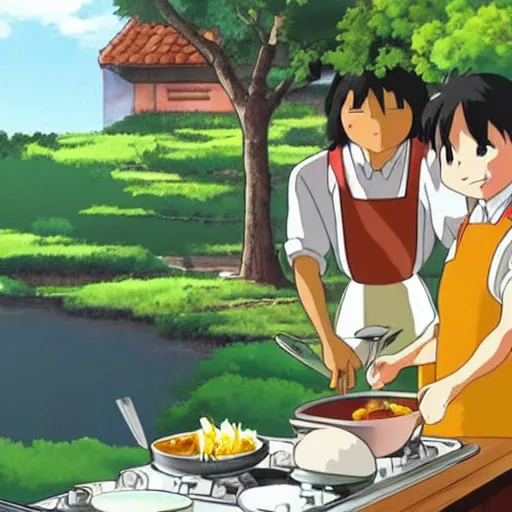 Prompt: father cooking bacon and eggs on a beautiful peaceful morning by studio ghibli