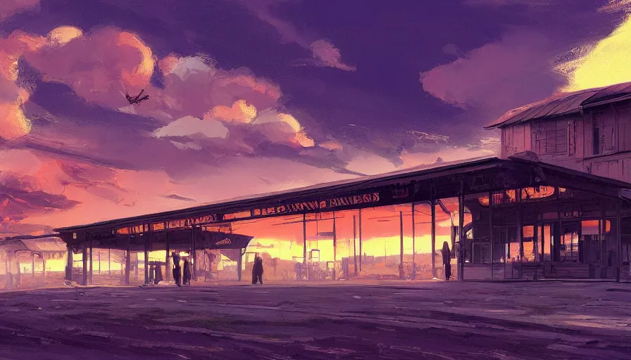 Prompt: train station roadside old west sunset sky clouds illustration by syd mead artstation 4 k 8 k graphic novel concept art matte painting