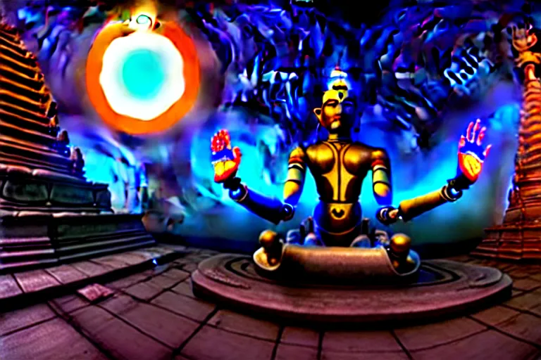 Prompt: Vivec Robot, in a temple, with glowing hands, shiva, making art, solar eclipse, hyperrealistic, DAZ, unreal 5, fisheye, dynamic lighting, art by Greg Rutokowski