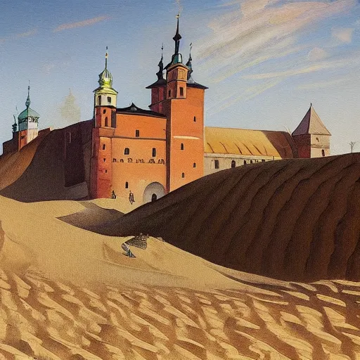 Image similar to painting of Cracow Wawel castle buried in the sands of a vast desert, most of the castle is covered in sand, beautiful lighting, detailed, realistic