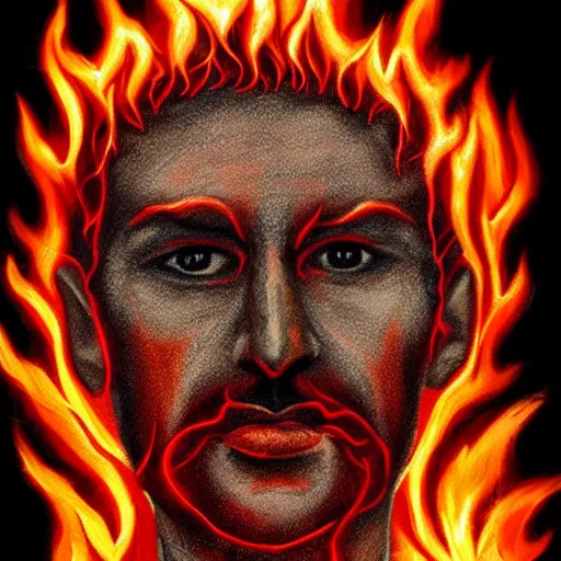 Prompt: image with male face made of fire, artistic drawing, made entirely from painted flames, trending on Artstation