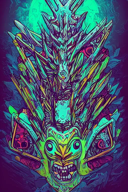 Image similar to totem animal tribal chaman vodoo mask feather gemstone plant wood rock video game illustration vivid color borderlands by josan gonzales and dan mumford radiating a glowing aura