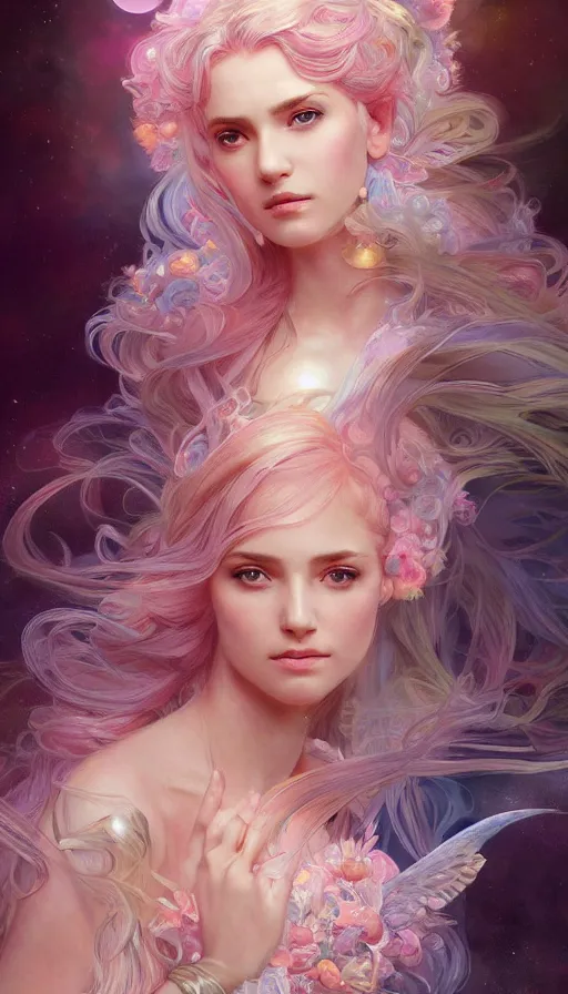 Image similar to portrait of magical dream goddess, ethereal, expressive pose, pink eyes, peaceful expression, ornate frilly dress, fantasy, intricate, elegant, many rainbow bubbles, highly detailed, digital painting, artstation, concept art, smooth, sharp focus, illustration, art by artgerm and greg rutkowski and alphonse mucha