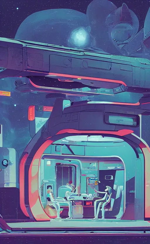Prompt: spaceship in a gas station in space, sharp focus, james gilleard, moebius, sci - fi, print, risograph, cinematic, game art