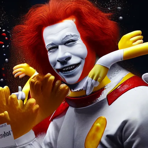 Image similar to Hyperrealistic ultradetailed digital art of Ronald McDonald and the Burger King fighting , realistic, detailed lighting, cinematic, trending on artstation and 500px and behance