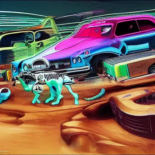 Image similar to cars behaving like animals, earthy colours, with neon flavours, hyper detailed, realistic, strange but real