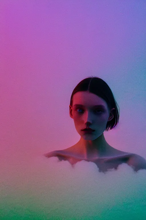 Image similar to high quality pastel coloured film close up wide angle photograph of a model wearing clothing swimming on cloud furniture in a icelandic black rock!! environment in a partially haze filled dreamstate world. three point light, rainbow. photographic production. art directed. pastel colours. volumetric clouds. pastel gradient overlay. waves glitch artefacts. extreme facial clarity. 8 k. filmic.