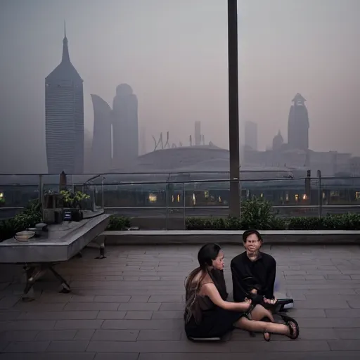 Image similar to a small rooftop with a couple of people sitting and watching the view, wearing black modern clothes, messy hair, modern shanghai bund in smog is on the background, sunset, by gregory crewdson