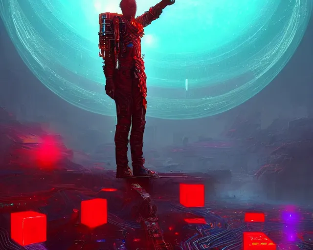 Image similar to portrait of fantasy wizard with halo of red cubes intricate abstract. intricate artwork, by tooth wu, wlop, beeple, dan mumford. concept art, octane render, trending on artstation, greg rutkowski very coherent symmetrical artwork. cinematic, key art, hyper realism, high detail, octane render, 8 k, iridescent accents