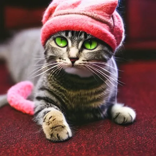 Prompt: cute cat photo, wearing wool hat, tongue mlem, cat ears