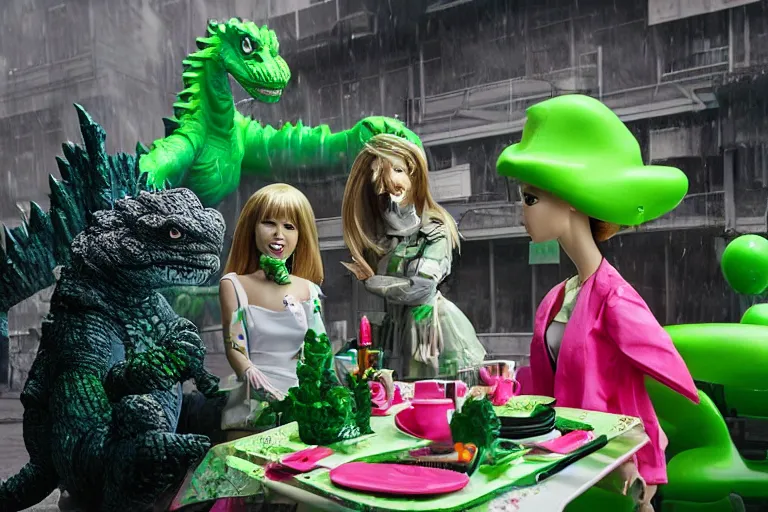 Image similar to Godzilla tea party with Barbie, plastic barbie doll, green rubber suit godzilla, by Liam Wong