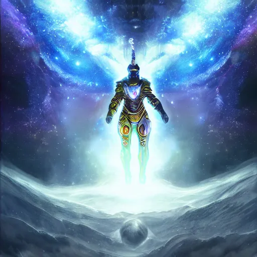 Image similar to photorealistic fantasy cosmic concept art of a cosmic god with armor made out of planets and dark matter, hovering in a unknown galaxy, fully body portrait, cinematic, dynamic lighting, ultra detailed, creative, trending on art station, creative