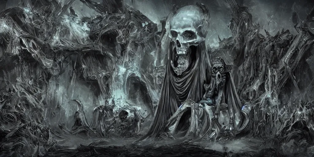 Image similar to Grim reaper sitting on a throne made of skulls, wide shot, digital art, fantasy, concept art, highly detailed, dark colors, blue tint,