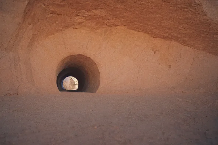 Prompt: film still of monumental neoclassical city with deep spiral tunnel in the desert, by Étienne-Louis Boullée cinestill 800t 35mm full-HD