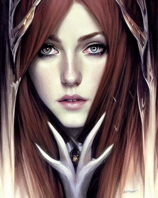 Image similar to portrait of katherine mcnamara elven mage, dark, piercing eyes, gentle expression, elegant clothing, photorealistic, highly detailed, artstation, smooth, sharp focus, art by michael whelan, artgerm, greg rutkowski and alphonse mucha