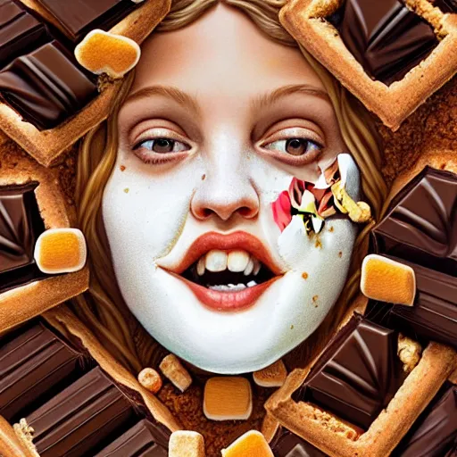 Image similar to drew barrymore face inside! a smore, chocolate, marshmallow graham cracker, digital painting by arcimboldo, rhads