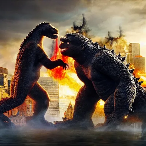 Image similar to godzilla fighting king kong in new york, detailed