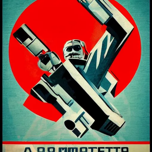 Image similar to man vs machine. style: soviet propaganda flyer