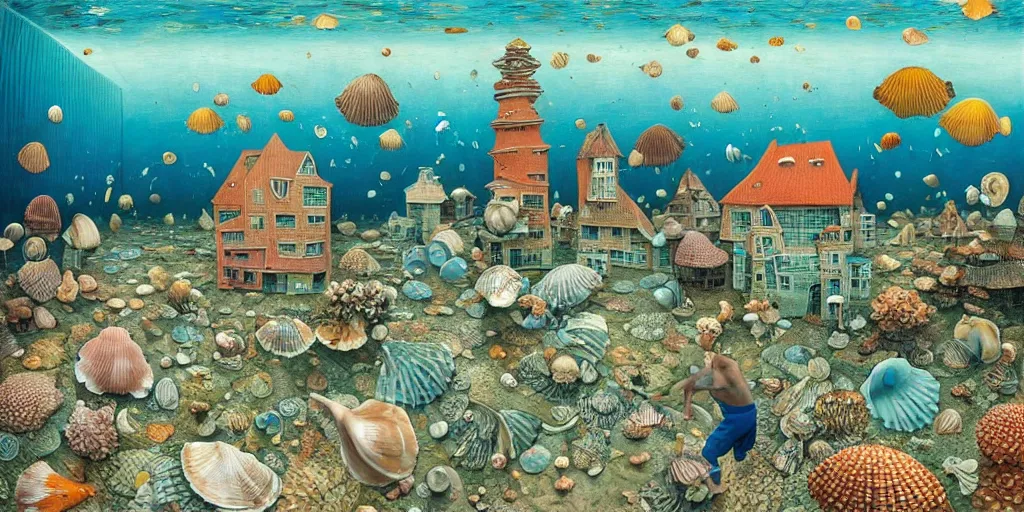 Image similar to man in the swimming suit walks down the street in the underwater city inside!! the seashell, seaweed, corals, carps, koi fish, small scandinavian!!! houses!!!, by jacek yerka by levitan, surrealistic painting, masterpiece, oil painting, sharp focus, highly detailed, intricate, smooth, 8 k,