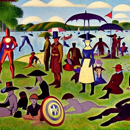 Image similar to avengers characters in a sunday afternoon on the island of la grande jatte