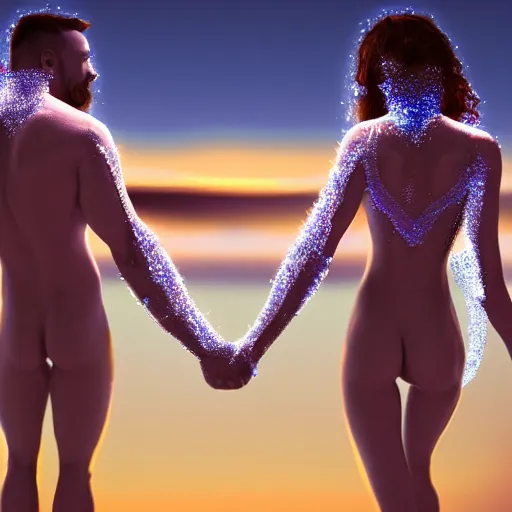 Image similar to a male and a female angels holding hands, seen from the back on a beach made of shiny crystals, at sunset, highly detailed digital art, trending on artstation