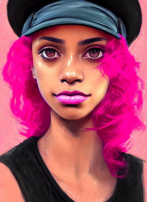 Image similar to portrait of teenage vanessa morgan with bright pink hair, black girl, vanessa morgan, curly pixie cut hair, wearing newsboy cap, newsboy cap, hoop earrings, intricate, elegant, glowing lights, highly detailed, digital painting, artstation, concept art, smooth, sharp focus, illustration, art by wlop, mars ravelo and greg rutkowski