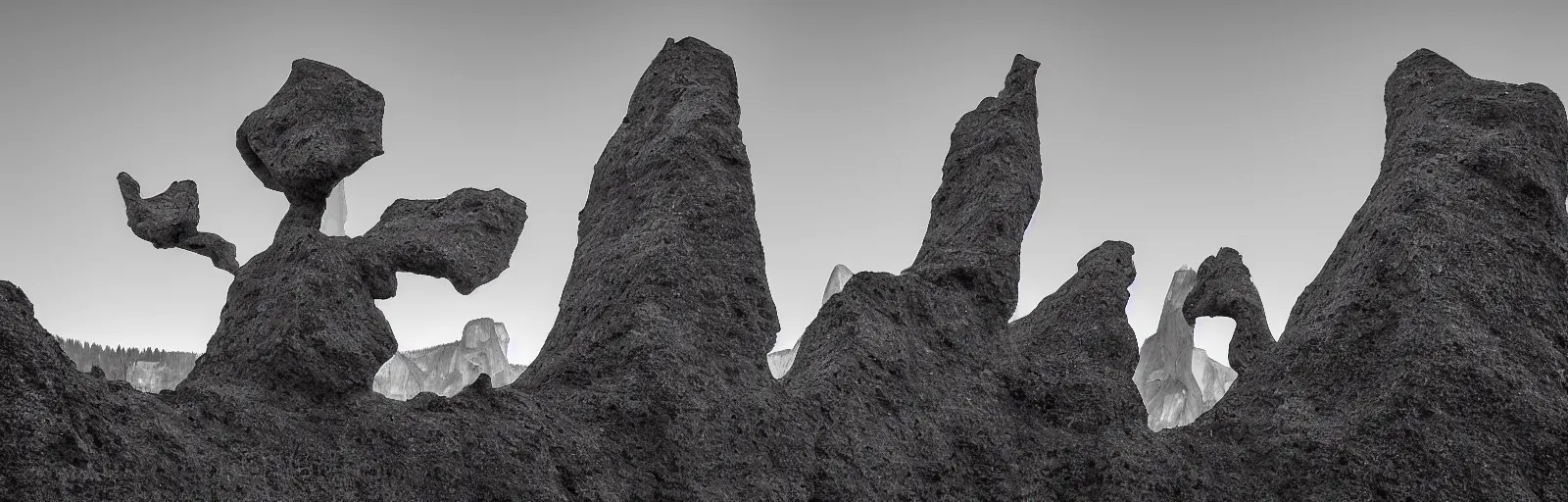 Image similar to to fathom hell or soar angelic, just take a pinch of psychedelic, a colossal minimalistic necktie sculpture installation ( by antony gormley and anthony caro ), reimagined by future artists in yosemite national park, granite peaks visible in the background, in the distant future, taken in the night