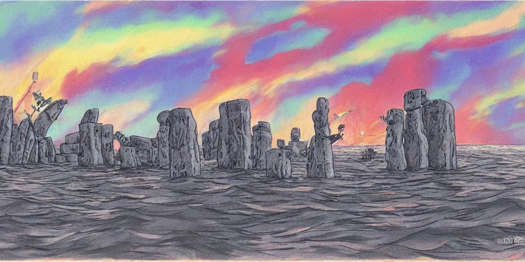 Image similar to a realistic cell - shaded concept art from howl's moving castle ( 2 0 0 4 ) of a multi - colored cube from close encounters of the third kind ( 1 9 7 7 ) over a flooded stonehenge. it is a misty starry night. very dull colors, hd, 4 k, hq