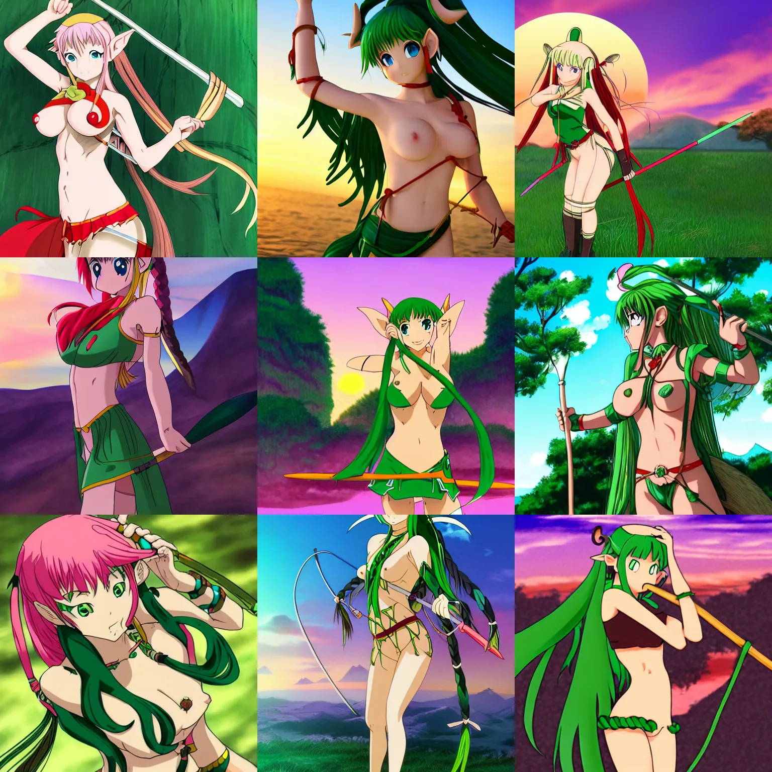 Prompt: anime female elf archer with green braided hair posing topless in front of a sunset in the style of rumiko takahashi ranma urusei yatsura inu yasha