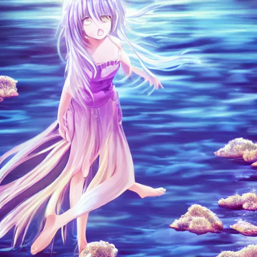 Prompt: advanced digital anime art, Sakimichan , a gorgeous high school girl with long gold and silver hair wearing a violet dress and bare feet walking through a crystal clear river, DOF, Gaussian Blur,