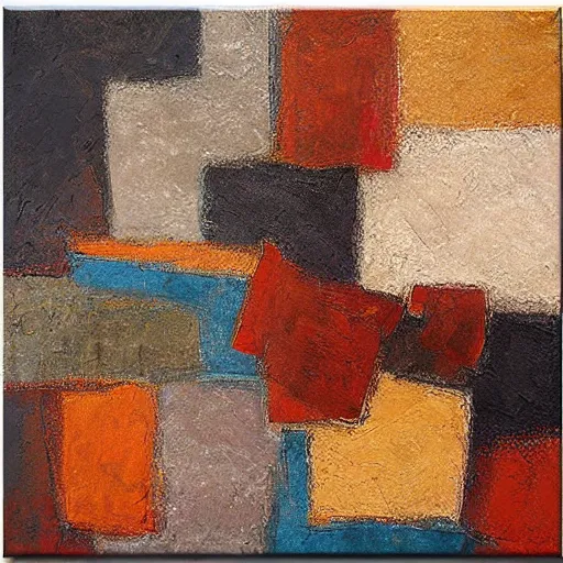 Image similar to masterpiece abstract painting of hundreds of detailed highly layered three - quarter angle rocky square shapes in rich earthy tones. abstract quality with an mathematical quality.