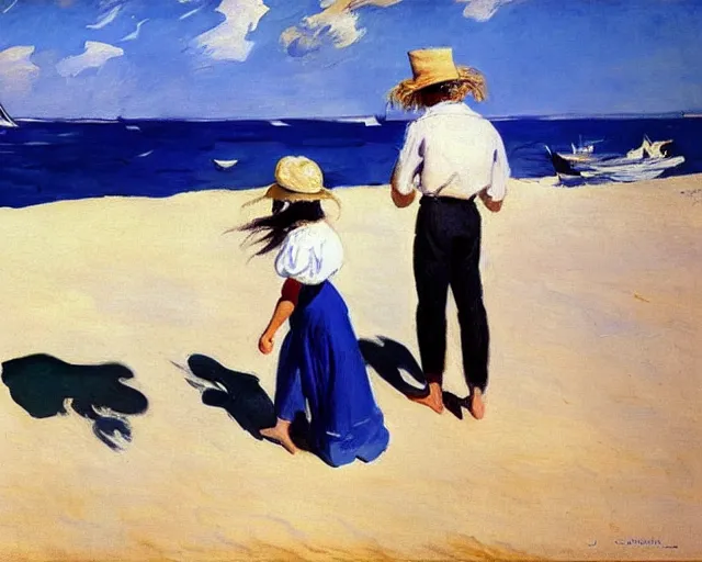 Image similar to a couple and a girl toddler on a beach in sardinia looking at a sailing boat, the man is wearing a panama hat, the woman has long dark hair, white sand, blue sky, summer, white and blue, painting by joaquin sorolla