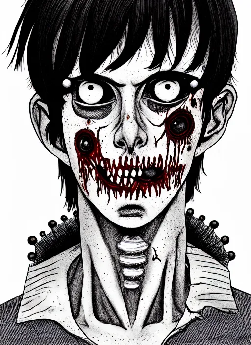 Image similar to junji ito style portrait of zombie teenage jughead jones wearing a light grey crown, zombie, crown, rotting skin, blind eyes, white eyes, crown, black hair, intricate, highly detailed, illustration, art by junji ito